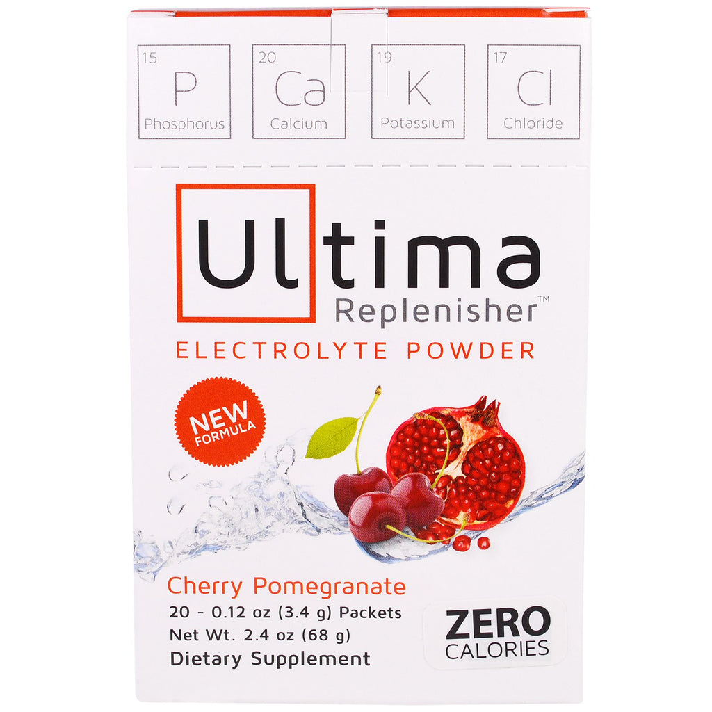 מוצרי בריאות Ultima, אבקת אלקטרוליטים של Ultima Replenisher, רימון דובדבן, 20 חבילות, 0.12 אונקיות (3.4 גרם)