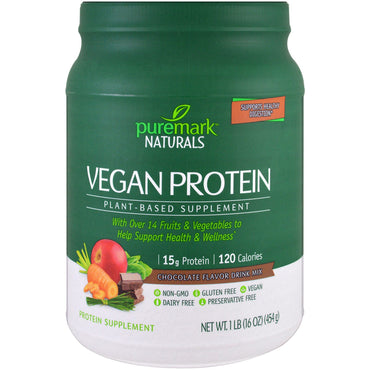 PureMark Naturals, Proteína vegana, Suplemento a base de plantas, Mezcla para bebida con sabor a chocolate, 16 oz (454 g)