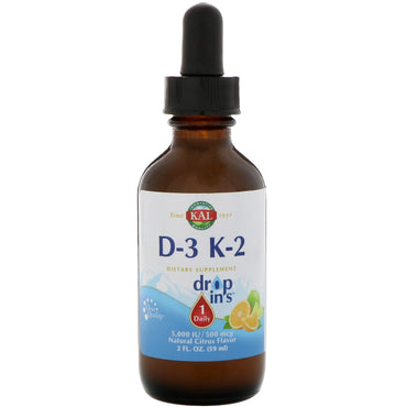 KAL, قطرات فيتامين د-3، ك-2، نكهة الحمضيات الطبيعية، 2 أونصة سائلة (59 مل)