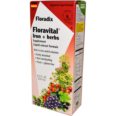 Flora, Salus, Floradix, Floravital Iron + 허브 보충제, 액체 추출물 포뮬러, 250ml(8.5fl oz)