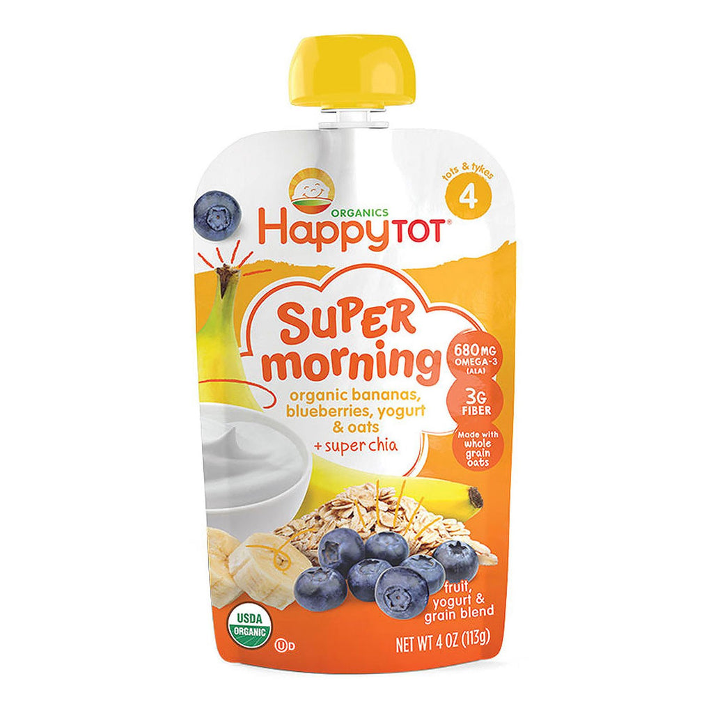 Nurture Inc. (Happy Baby) Happy Tot Stage 4 Super Morning Fruit Yoghurt & Grain Blend Bananer Blåbær Yoghurt & Havre Plus Super Chia 4 oz (113 g)