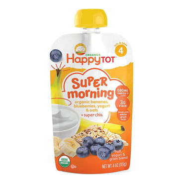 Nurture Inc. (Happy Baby) Happy Tot Stage 4 Super Morning Mezcla de yogur de frutas y cereales Plátanos Arándanos Yogur y avena más Súper chía 4 oz (113 g)