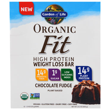 Garden of Life, Fit, Baton pentru pierderea în greutate cu conținut ridicat de proteine, Fudge de ciocolată, 12 batoane, 1,9 oz (55 g) fiecare