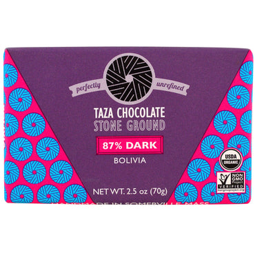 Taza Chocolate, Barre de chocolat noir moulu à 87 % sur pierre, Bolivie, 2,5 oz (70 g)