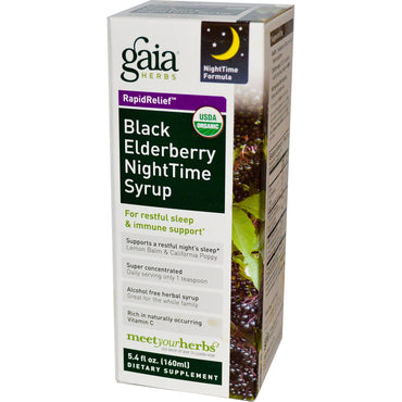 สมุนไพร Gaia, Rapid Relief, น้ำเชื่อม Black Elderberry NightTime, 5.4 fl oz (160 ml)