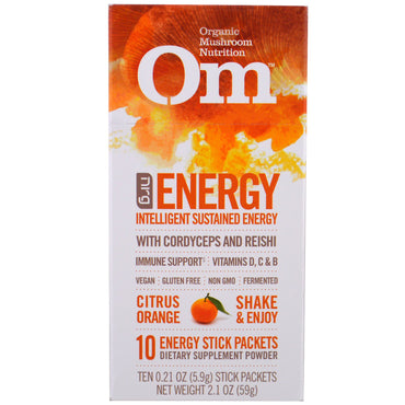 OM Mushroom Nutrition, エネルギー、キノコパウダー、シトラスオレンジ、10袋、各0.21オンス（5.9 g）