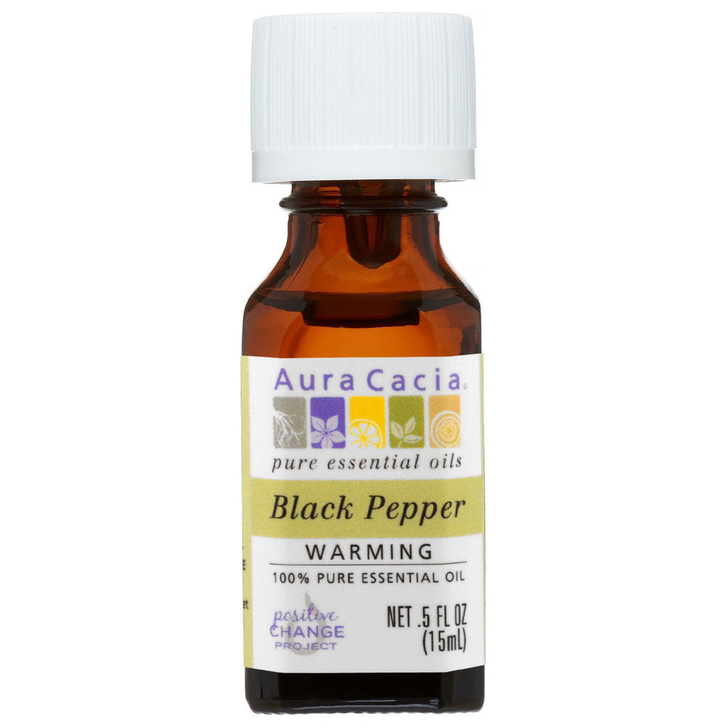 Aura Cacia, 100% pure etherische olie, zwarte peper, verwarmend, .5 fl oz (15 ml)
