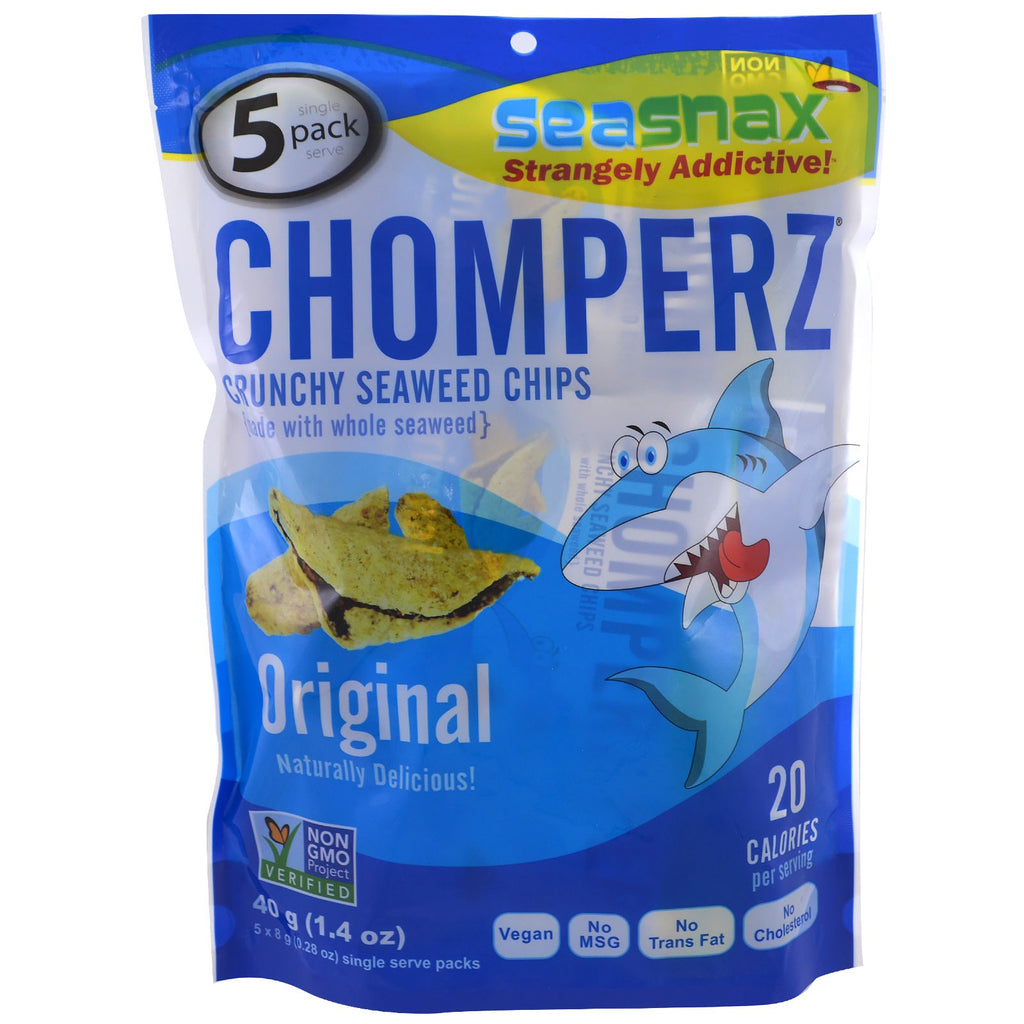 SeaSnax, Chomperz, Chips Crunch de Algas Marinhas, Original, 5 Pacotes de Porção Individual, 8 g (0,28 oz) Cada