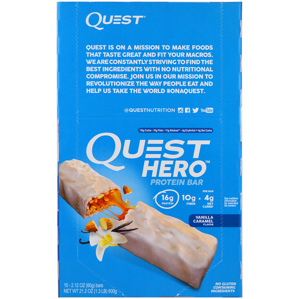 Quest Nutrition Hero Protein Bar Baunilha Caramelo 10 Barras 2,12 onças (60g) Cada