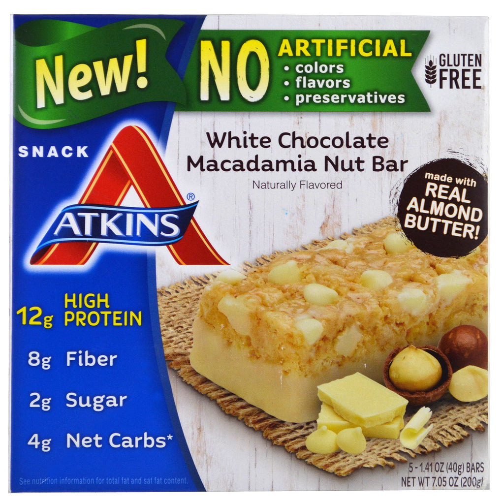 Atkins, hvit sjokolade macadamianøttestang, 5 barer, 40 g hver