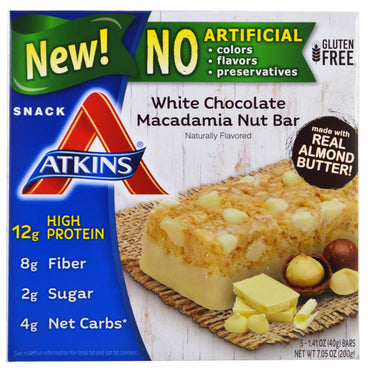 Atkins, Macadamia-nootreep van witte chocolade, 5 repen, elk 1,41 oz (40 g)
