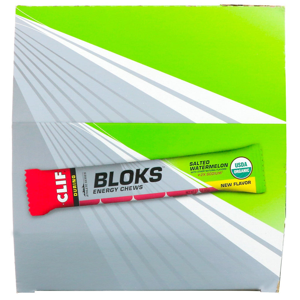 Clif Bar, Bloks Energy Chews, saltet vannmelon, +2X natrium, 18 pakker, 2,12 oz (60 g) hver