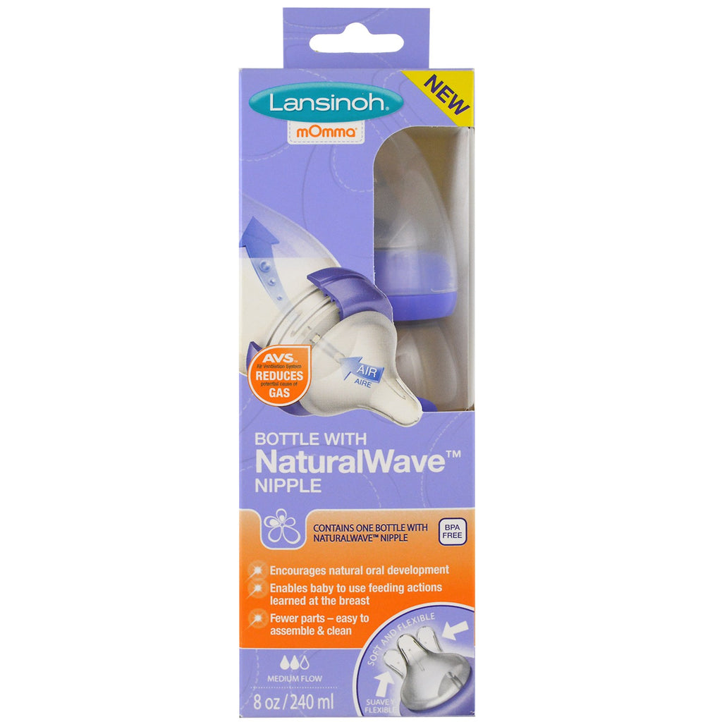 Lansinoh, Natural Wave Nipple Bottle, Medium Flow, 8 oz (240 ml)