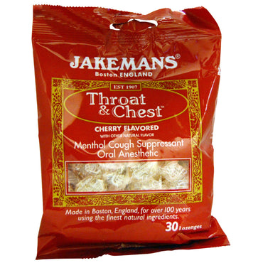 Jakemans, Throat &amp; Chest, supresor de la tos mentolado, sabor a cereza, 30 pastillas