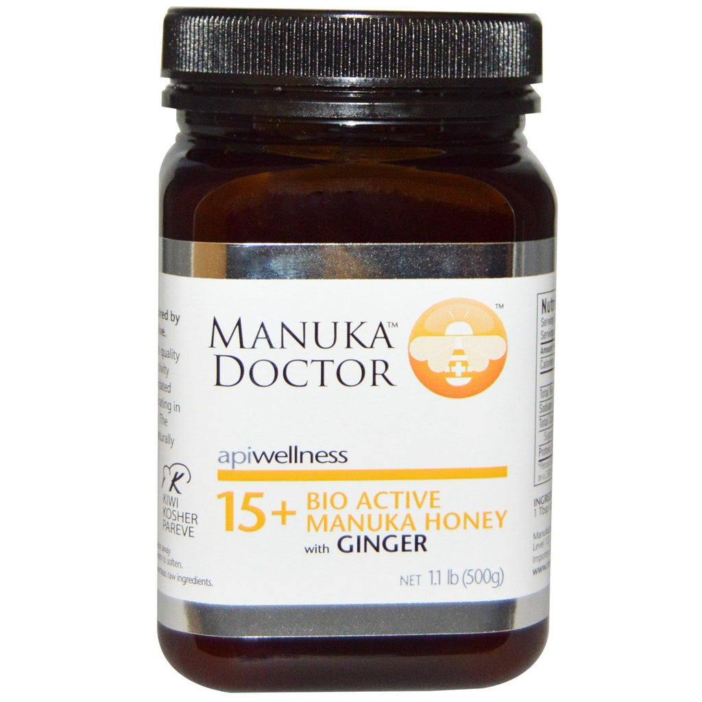 Manuka Doctor, Apiwellness, Bio Active 15+ דבש Manuka עם ג'ינג'ר, 1.1 פאונד (500 גרם)