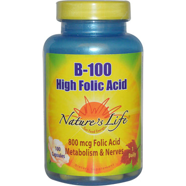 Nature's Life, B-100, riche en acide folique, 100 gélules