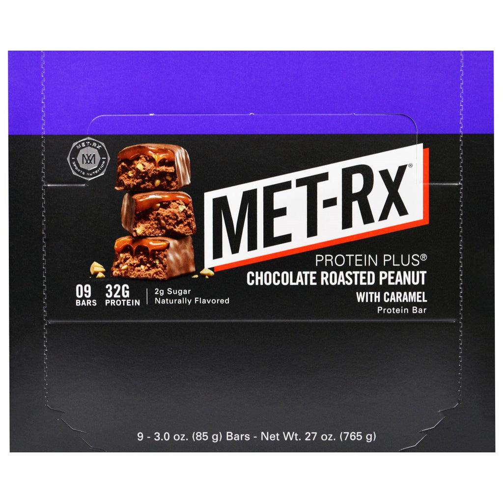 MET-Rx Protein Plus Reep Chocolade Geroosterde Pinda Met Karamel 9 Repen 3,0 oz (85 g) Elk