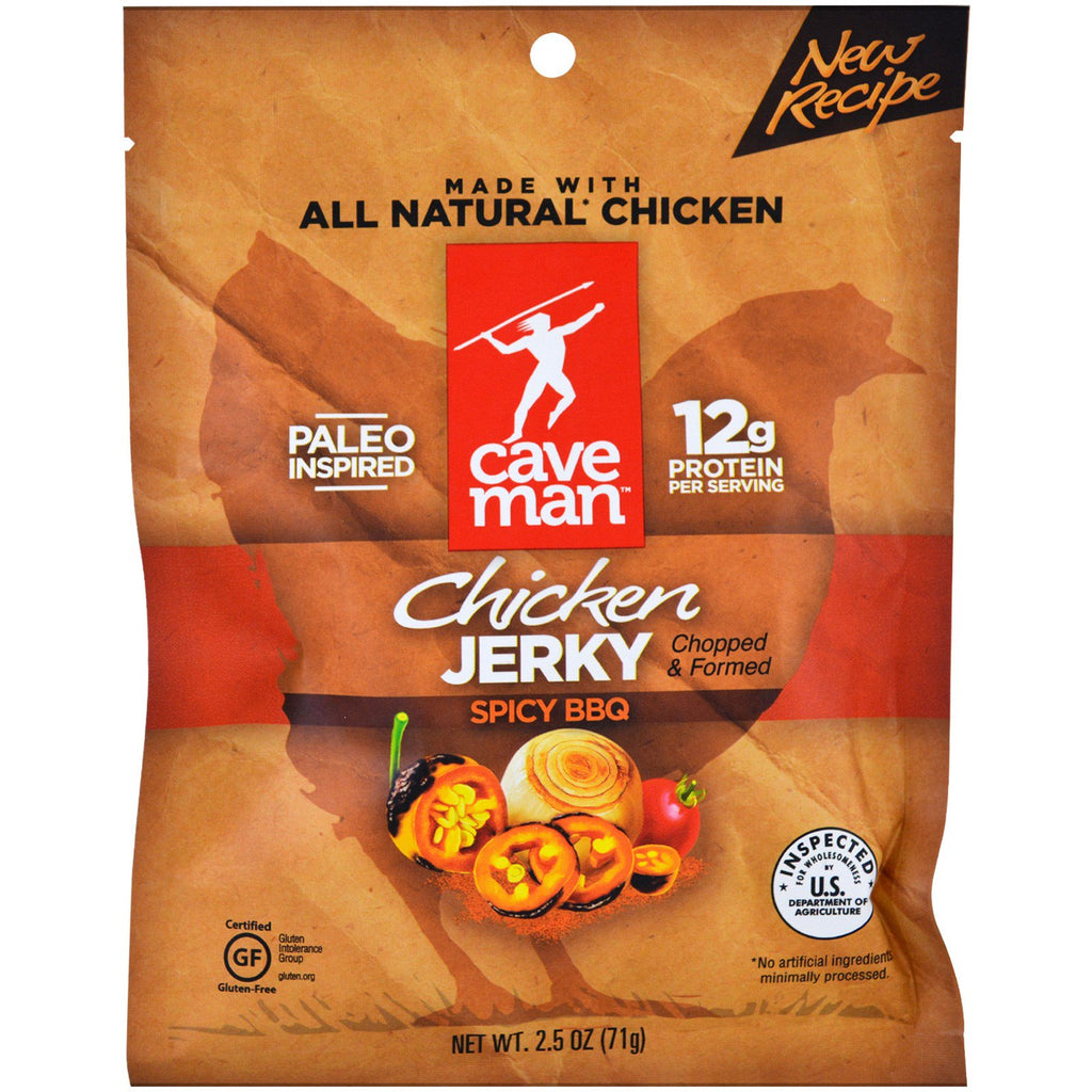Caveman Foods Jerky ไก่บาร์บีคิวรสเผ็ด 2.5 ออนซ์ (71 กรัม)