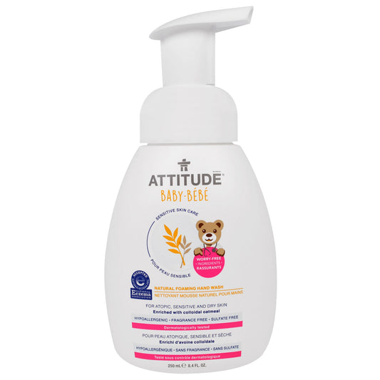 ATTITUDE, Cuidados com a pele sensível, bebê, sabonete líquido para as mãos com espuma natural, sem fragrância, 250 ml (8,4 fl oz)