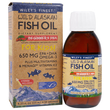 Wileys fineste, vill Alaskan fiskeolje, for barn!, nybegynnere DHA, naturlig jordbær vannmelon smak, 650 mg, 4,23 fl oz (125 ml)