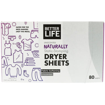 Better Life, toallitas para secadora que eliminan la estática de forma natural, sin perfume, 80 hojas