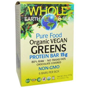 Naturlige faktorer, hele jorden og havet, Pure Food Vegan Greens Proteinbarer, Chokoladeovertrukket, 6 barer, 2,64 oz (75 g) hver