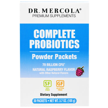 Dr. Mercola, Kompletne pakiety probiotyków w proszku, naturalny aromat malinowy, 30 opakowań, 0,12 uncji (3,5 g) każde