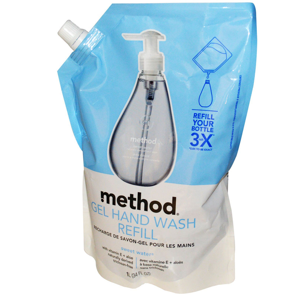 Metodo, ricarica gel per lavaggio a mano, acqua dolce, 34 fl oz (1 L)