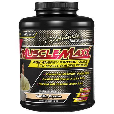 MuscleMaxx, Energie ridicată + Proteine ​​pentru construirea mușchilor, Visul de vanilie, 5 lb (2,27 kg)