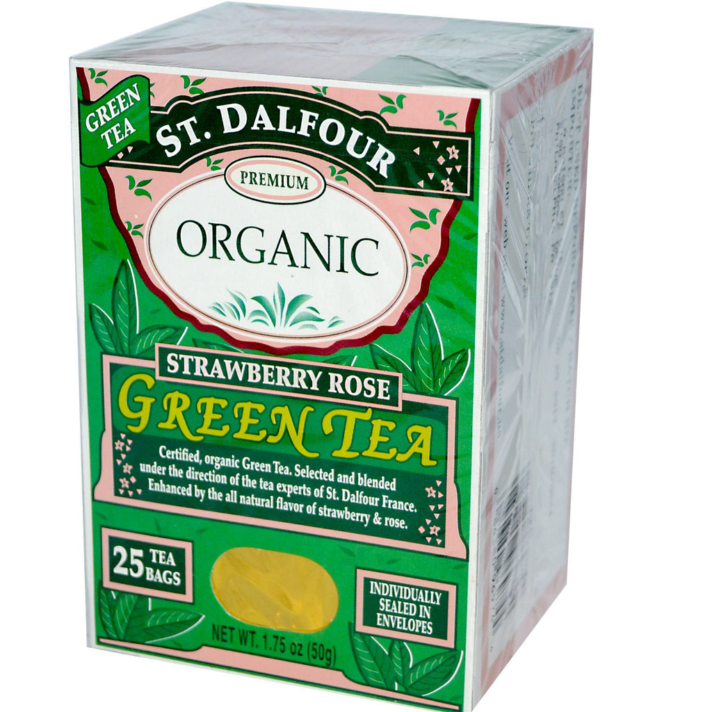 St. Dalfour, , grøn te, jordbærrose, 25 teposer, 1,75 oz (50 g)