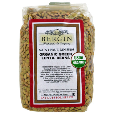 Bergin Fruit and Nut Company,  Green Lentil Beans, 16 oz (454 g)