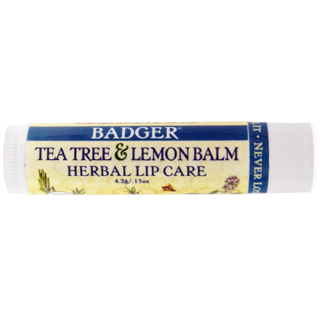 Badger Company, شجرة الشاي وبلسم الليمون العشبي للعناية بالشفاه، 0.15 أونصة (4.2 جم)