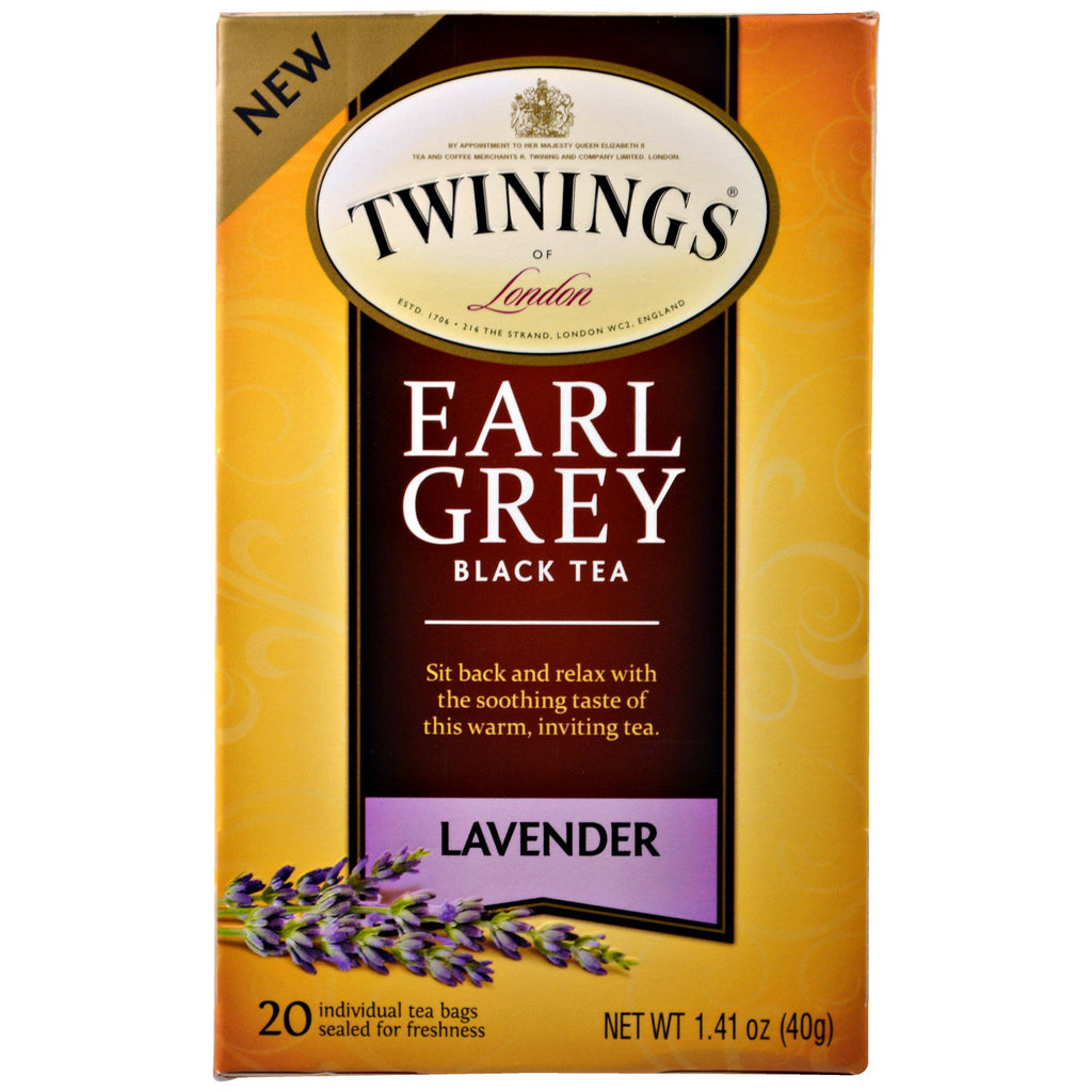 Twinings, svart te, Earl Grey, lavendel, 20 teposer - 1,41 oz (40 g)
