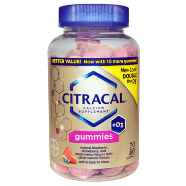Citracal, Calcium Supplement + D3 Gummies, Naturlige Blåbær, Jordbær og Vandmelon, 70 Gummies