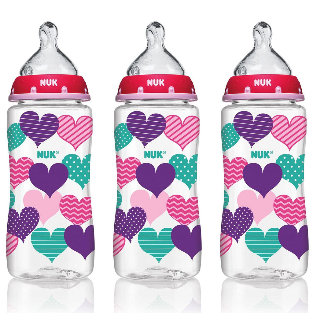 NUK, בקבוק עם פטמת התאמה מושלמת, 0+ חודשים, בינוני, לבבות, 3 בקבוקים בעלי צוואר רחב, 10 אונקיות (300 מ"ל) כל אחד