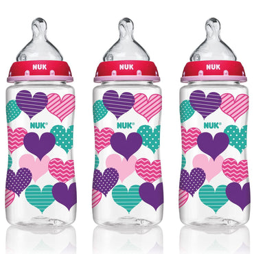 NUK, Bottle with Perfect Fit Nipple, 0+ Months, Medium, Hearts, 3 Wide-Neck Bottles, 10 oz (300 ml) Each
