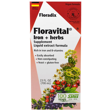 Flora, Floradix, Floravital, Suplemento de hierro + hierbas, fórmula de extracto líquido, 23 fl oz (700 ml)