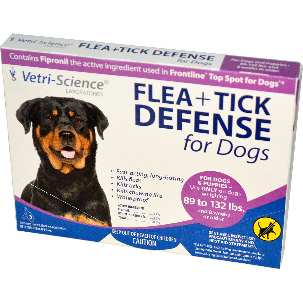 Vetri-Science, Flea + Tick Defense för hundar 89-132 lbs., 3 applikatorer, 0,136 fl oz vardera