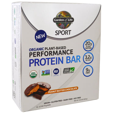 Garden of Life, Sport,  Plant-Based Performance Protein Bar, Peanut Butter Chocolate, 12 Bars, 2.7 oz (75 g) Each