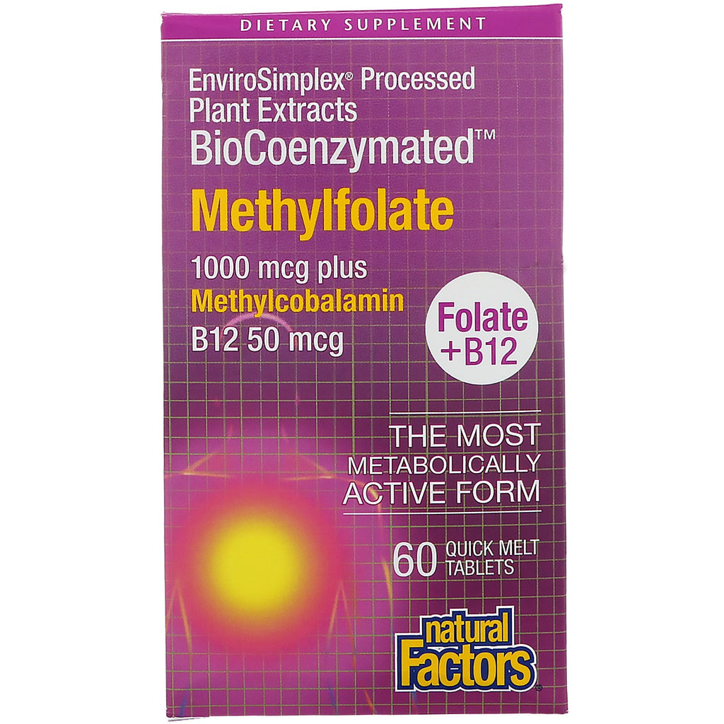 Czynniki naturalne, biokoenzymowany, kwas foliowy B12, metylofolian, 1000 mcg, 60 tabletek Quick Melt