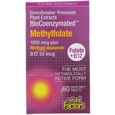 Naturlige faktorer, biocoenzymeret, folat B12, methylfolat, 1.000 mcg, 60 hurtigsmeltende tabletter