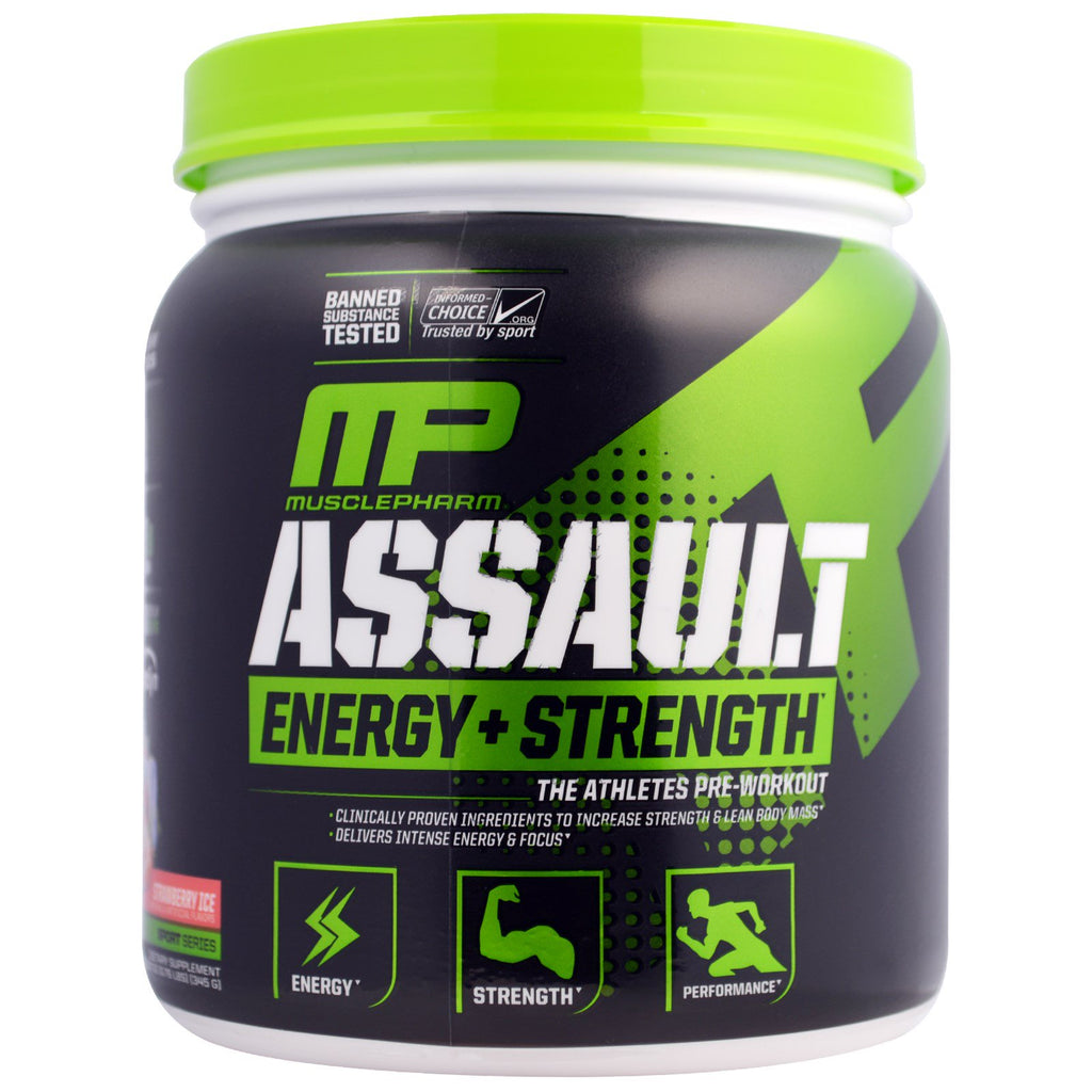 MusclePharm, Assault Energy + Strength, preentrenamiento, helado de fresa, 345 g (12,17 oz)