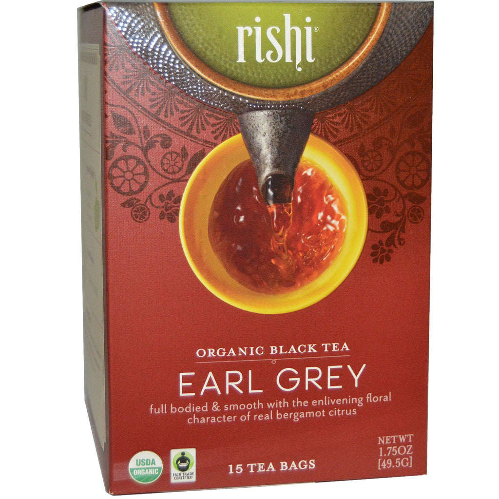 Rishi-te, svart te, Earl Grey, 15 teposer 1,75 oz (49,5 g)