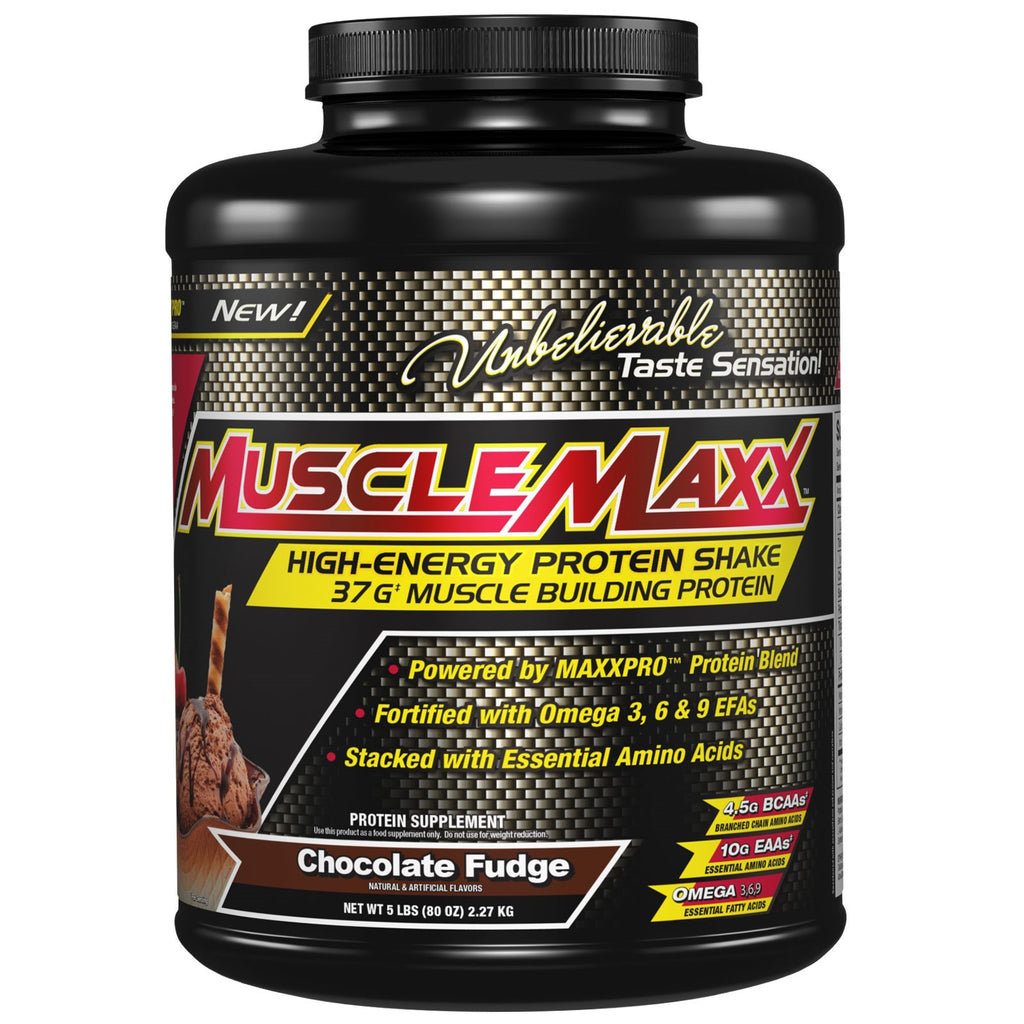 MuscleMaxx, พลังงานสูง + โปรตีนสร้างกล้ามเนื้อ, ช็อคโกแลตฟัดจ์, 5 ปอนด์ (2.27 กก.)