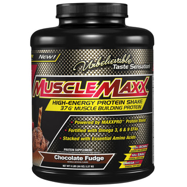 MuscleMaxx、高エネルギー + 筋肉増強プロテイン、チョコレートファッジ、5 ポンド (2.27 kg)