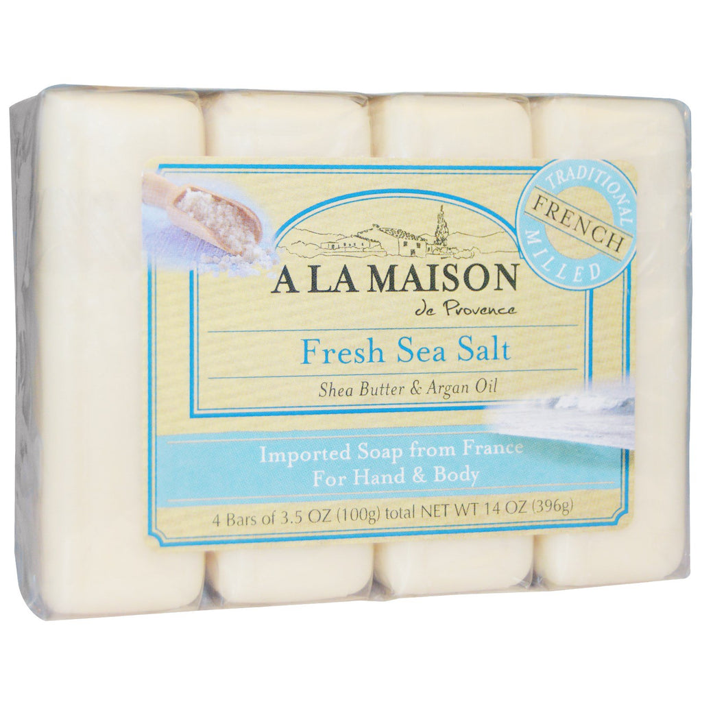 A La Maison de Provence, sabonete em barra para mãos e corpo, sal marinho fresco, 4 barras, 3,5 onças cada