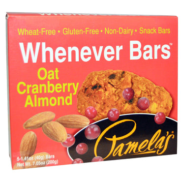 Pamela's Products, Whenever Bars, avena, arándano y almendra, 5 barras, 1,41 oz (40 g) cada una