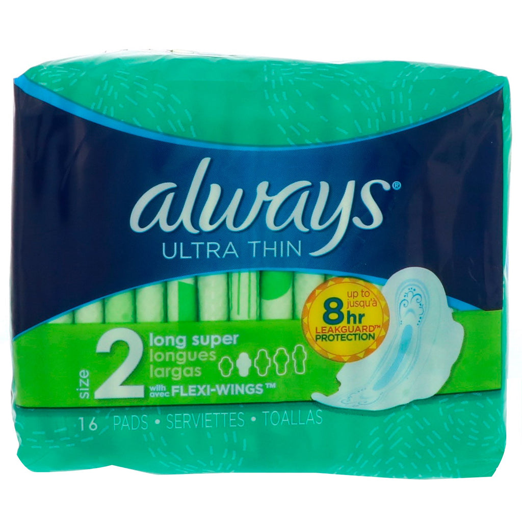 Always, Ultra Mince avec Ailes, Taille 2, Long Super, 16 Coussinets