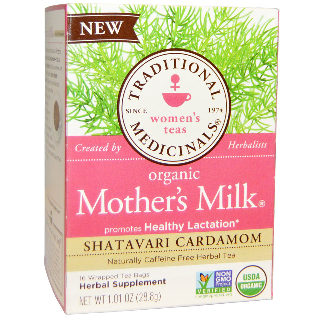 Tradycyjne leki, herbaty dla kobiet, mleko matki, kardamon Shatavari, naturalnie bez kofeiny, 16 zapakowanych torebek herbaty, 0,06 uncji (1,8 g) każda