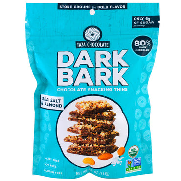 Taza Chocolate, , 80% Dark Bark Chocolate Snacking Thins, Sea Salt & Almond, 4.2 oz (119 g)